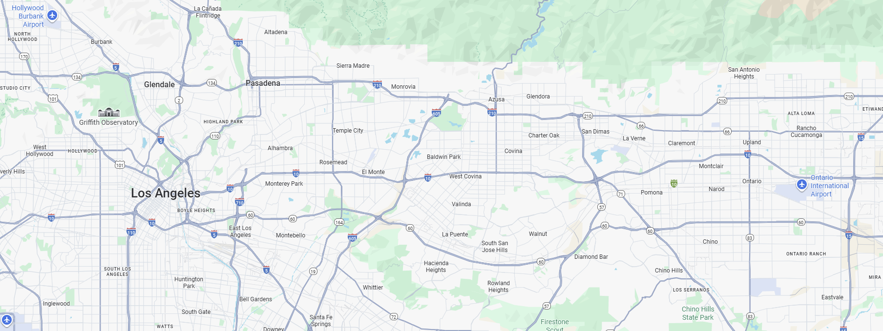 Map screenshot of several cities in the San Gabriel Valley